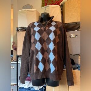 Men's Brown Argyle Half-Zip Sweater with Light Blue Diamonds